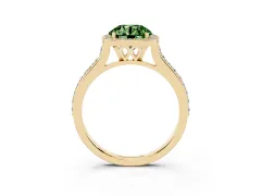Fancy Green Round Cut Diamond Halo Engagement Ring Set in Yellow gold with Round Pavé Shoulders and Heart Gallery
