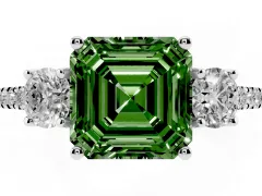 Fancy Green Asscher Cut Diamond Three-Stone Ring Set in Platinum with Pavé Band and Graduated Sides