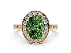 Fancy Green Oval Cut Diamond Halo Engagement Ring Set in Yellow gold with Twisted Band and Prong Setting