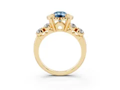Fancy Blue Emerald Cut Diamond Floral Halo Ring Set in Yellow gold with Shared Prong Band