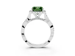Fancy Green Asscher Cut Diamond Halo Twist Band Solitaire Ring Set in Silver with Prong Setting