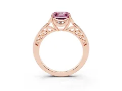 Fancy Pink Asscher Cut Diamond Halo Ring Set in Rose gold with Channel Set Band and Prong Setting