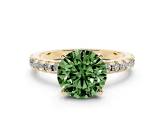 Fancy Green Round Cut Diamond Pavé Solitaire Ring Set in Yellow gold with Round Band Accents and Prong Setting