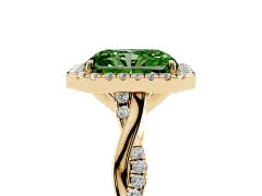 Fancy Green Radiant Cut Diamond Halo Twist Band Solitaire Ring Set in Yellow gold with Prong Setting
