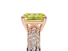 Fancy Yellow Emerald Cut Diamond Solitaire Ring Set in Rose gold with Multi-Row Round Pavé Band and Prong Setting