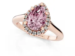 Fancy Pink Pear Cut Diamond Halo Engagement Ring Set in Rose gold with Pavé Band and Rising Shoulders