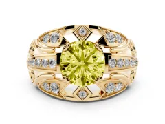 Fancy Yellow Round Cut Diamond Art Deco Ring Set in Yellow gold with Pavé Split Shank