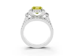 Fancy Yellow Asscher Cut Diamond Halo Split Shank Ring Set in Platinum with Round Accent Stones and Prong Setting
