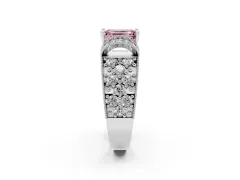 Fancy Pink Emerald Cut Diamond Milgrain Halo Pavé Engagement Ring Set in Platinum with Prong Setting