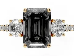 Fancy Black Emerald Cut Diamond Three-Stone Ring Set in Yellow gold with Pavé Band and Graduated Sides