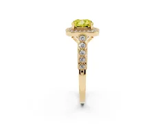 Fancy Yellow Cushion Cut Diamond Milgrain Halo Solitaire Ring Set in Yellow gold with Bezel Set Side Stones and Pavé Band