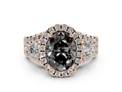 Fancy Black Oval Cut Diamond Halo Split Shank Ring Set in Rose gold with Round Accent Stones and Prong Setting
