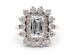 Emerald Cut Diamond Floral Double Halo Ring Set in Rose gold with Round Petals