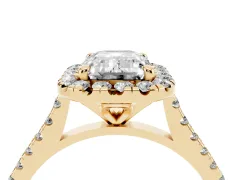 Emerald Cut Diamond Cushion Halo Ring Set in Yellow gold with Pavé Band