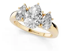 Pear Cut Diamond Three-Stone Ring Set in Yellow gold with Bold Center and Classic Band
