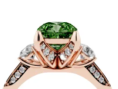 Fancy Green Cushion Cut Diamond Three-Stone Ring Set in Rose gold with Pavé Band and Smaller Side Stones