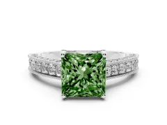 Fancy Green Princess Cut Diamond Solitaire Ring Set in White gold with Milgrain-Edged Pavé Band and Prong Setting