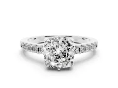 Cushion Cut Diamond Solitaire Engagement Ring Set in Silver with Pavé Band and Prong Setting