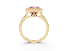 Fancy Pink Asscher Cut Diamond Halo Milgrain Pavé Band Ring Set in Yellow gold with Prong Setting