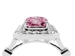 Fancy Pink Radiant Cut Diamond Halo Engagement Ring Set in Silver with Twisted Band and Prong Setting