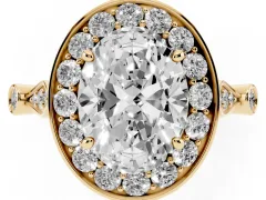 Oval Cut Diamond Halo Engagement Ring Set in Yellow gold with Twisted Band and Prong Setting