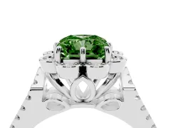 Fancy Green Radiant Cut Diamond Floral Halo Split Shank Engagement Ring Set in White gold with Pavé Shank