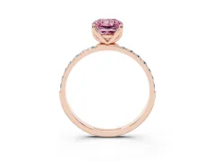 Fancy Pink Radiant Cut Diamond Solitaire Engagement Ring Set in Rose gold with Round Pavé Band and Prong Setting