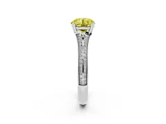 Fancy Yellow Round Cut Diamond Split Shank Pavé Engagement Ring Set in White gold with Prong-Set Center Stone
