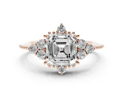 Asscher Cut Diamond Cluster Ring Set in Rose gold with Beaded Band