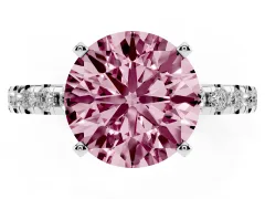 Fancy Pink Round Cut Diamond Pavé Solitaire Ring Set in Silver with Round Band Accents and Prong Setting
