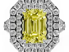 Fancy Yellow Emerald Cut Diamond Double Halo Ring Set in Platinum with Pavé Split Shank and Prong Setting