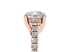 Cushion Cut Diamond Solitaire Ring Set in Rose gold with Brilliant Pavé Band and Prong Setting