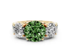 Fancy Green Round Cut Diamond Three-Stone Ring Set in Yellow gold with Pavé Band