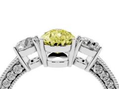 Fancy Yellow Pear Cut Diamond Three-Stone Ring Set in White gold with Round Side Stones and Pavé Band