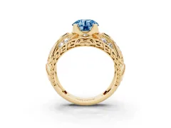 Fancy Blue Round Cut Diamond Art Deco Ring Set in Yellow gold with Pavé Split Shank