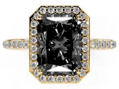 Fancy Black Radiant Cut Diamond Halo Engagement Ring Set in Yellow gold with Round Pavé Shoulders and Heart Gallery