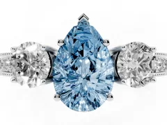 Fancy Blue Pear Cut Diamond Three-Stone Ring Set in Silver with Round Side Stones and Pavé Band