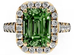 Fancy Green Emerald Cut Diamond Halo Engagement Ring Set in Yellow gold with Pavé Band and Prong-Set Center