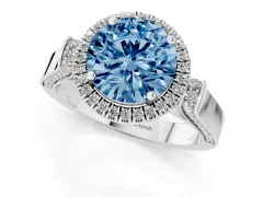 Fancy Blue Round Cut Diamond Halo Ring Set in White gold with Pavé-Lined Split Shank Band