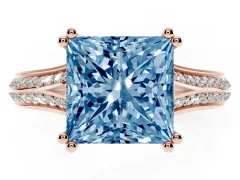 Fancy Blue Princess Cut Diamond Split Shank Pavé Engagement Ring Set in Rose gold with Prong-Set Center Stone