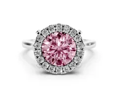 Fancy Pink Round Cut Diamond Cluster Halo Solitaire Ring Set in White gold with Prong Setting