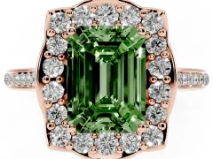 Fancy Green Emerald Cut Diamond Halo Ring Set in Rose gold with Pavé-Lined Shoulders and Prong Setting
