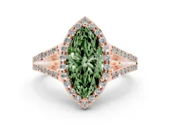 Fancy Green Marquise Cut Diamond Halo Split Shank Pavé Ring Set in Rose gold with Prong Setting