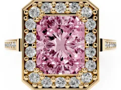 Fancy Pink Radiant Cut Diamond Halo Ring Set in Yellow gold with Accent-Lined Split Shank and Prong Setting