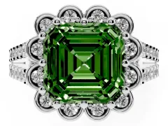 Fancy Green Asscher Cut Diamond Floral Halo Split Shank Engagement Ring Set in Silver with Pavé Shank