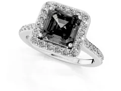 Fancy Black Asscher Cut Diamond Halo Engagement Ring Set in Platinum with Round Pavé Shoulders and Heart Gallery
