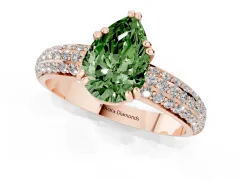 Fancy Green Pear Cut Diamond Solitaire Ring Set in Rose gold with Multi-Row Round Pavé Band and Prong Setting