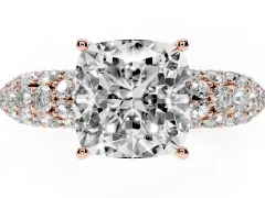 Cushion Cut Diamond Pavé Band Solitaire Ring Set in Rose gold with Close-Set Accent Stones and Prong Setting
