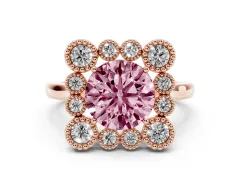 Fancy Pink Round Cut Diamond Cluster Halo Ring Set in Rose gold with Milgrain Bezel Accents and Plain Band