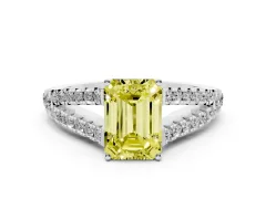 Fancy Yellow Emerald Cut Diamond Split Shank Pavé Engagement Ring Set in White gold with Prong-Held Center Stone